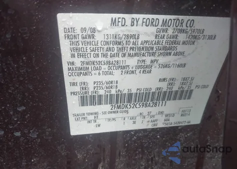 2009 Ford Flex Sel from USA, damaged, VIN 2FMDK52C59BA28111